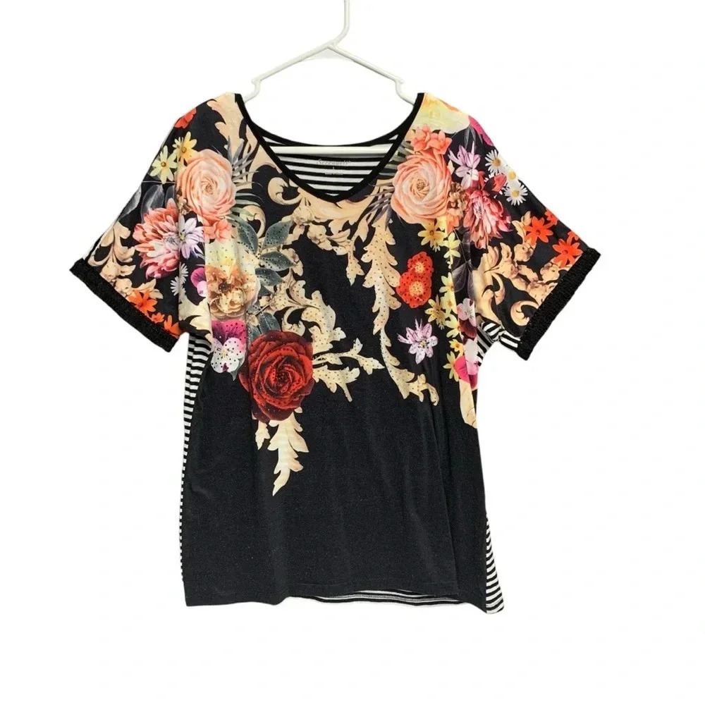 Serengeti large black floral top with striped in back and raised sequins